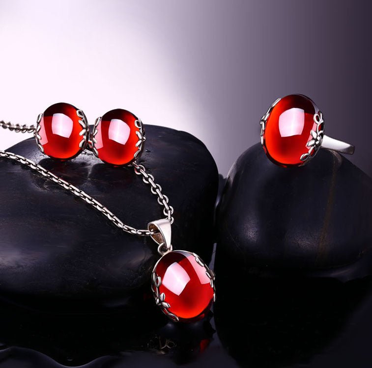 Sterling Silver Red Zircon Bridal Jewelry Set - Luzilly Bridal & Apparel