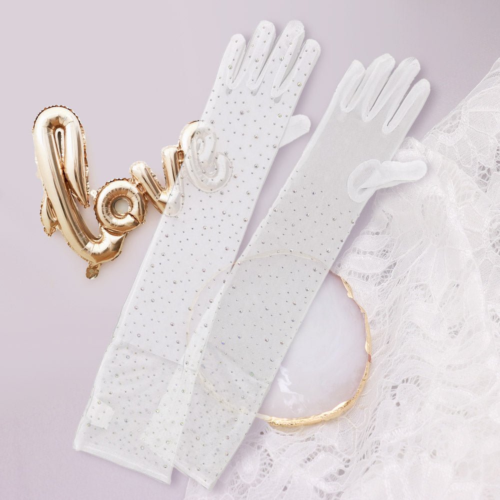 Stone Embellished Dressy Mesh Long Wedding Gloves - Luzilly Bridal & Apparel