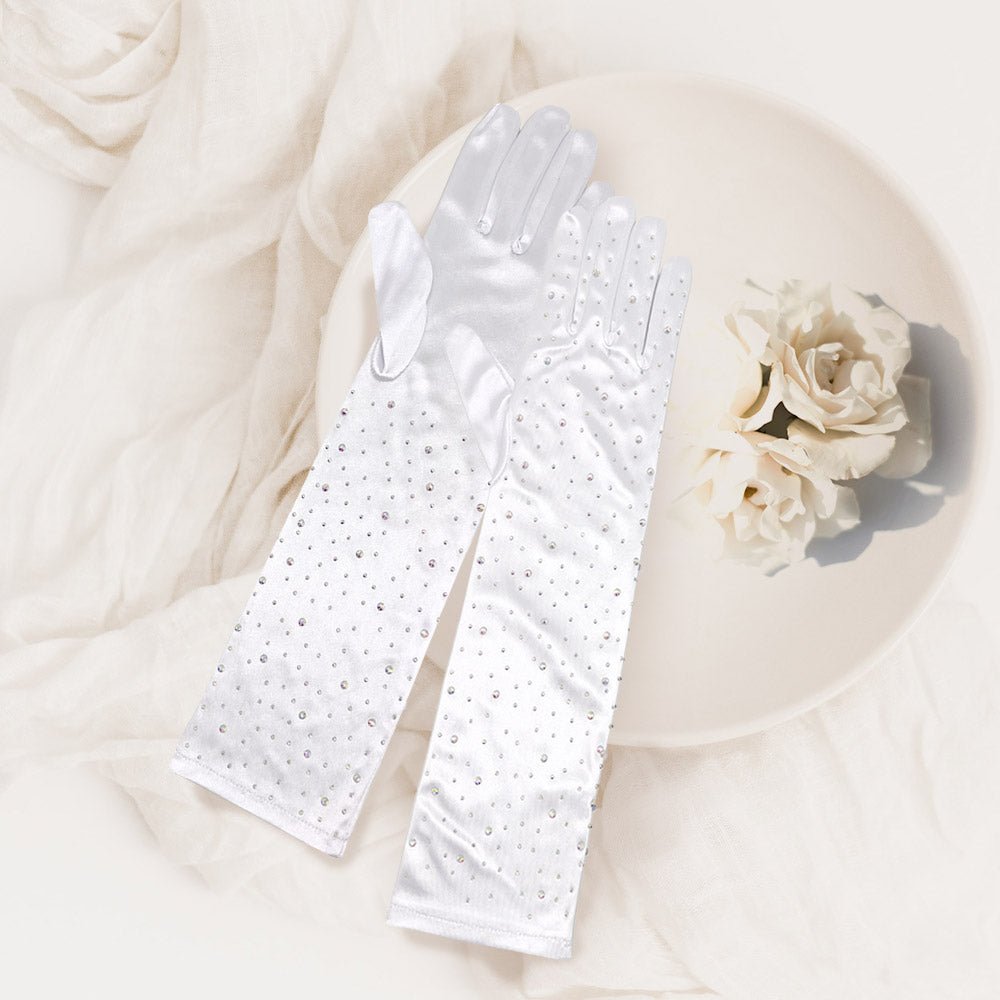 Stone Embellished Dressy Satin Long Wedding Gloves - Luzilly Bridal & Apparel