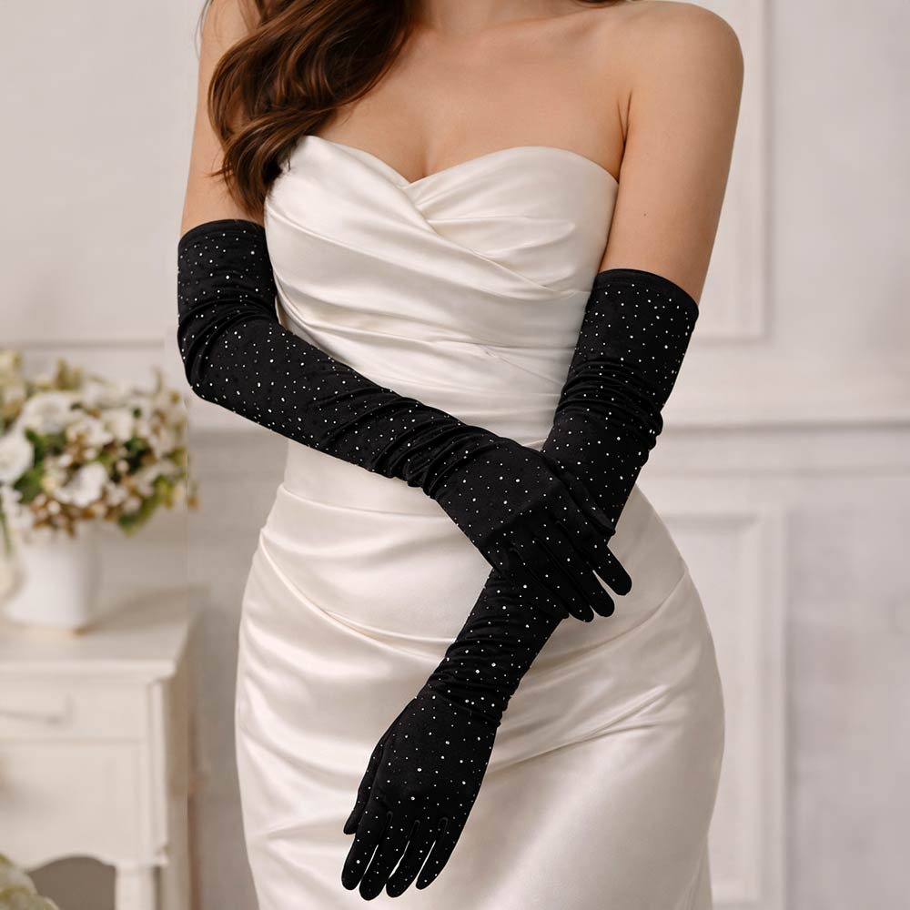 Stone Embellished Dressy Satin Long Wedding Gloves - Luzilly Bridal & Apparel
