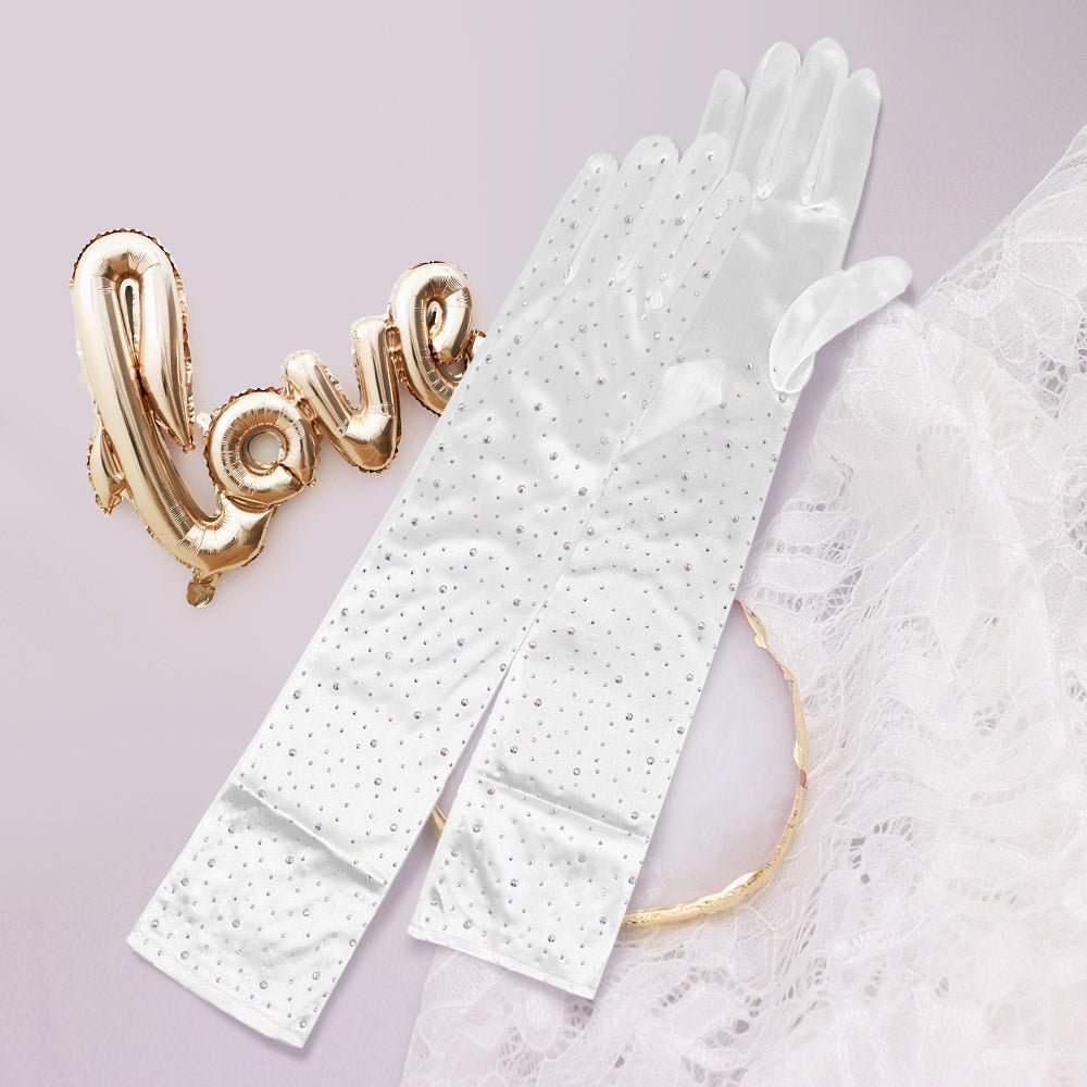 Stone Embellished Dressy Satin Long Wedding Gloves - Luzilly Bridal & Apparel