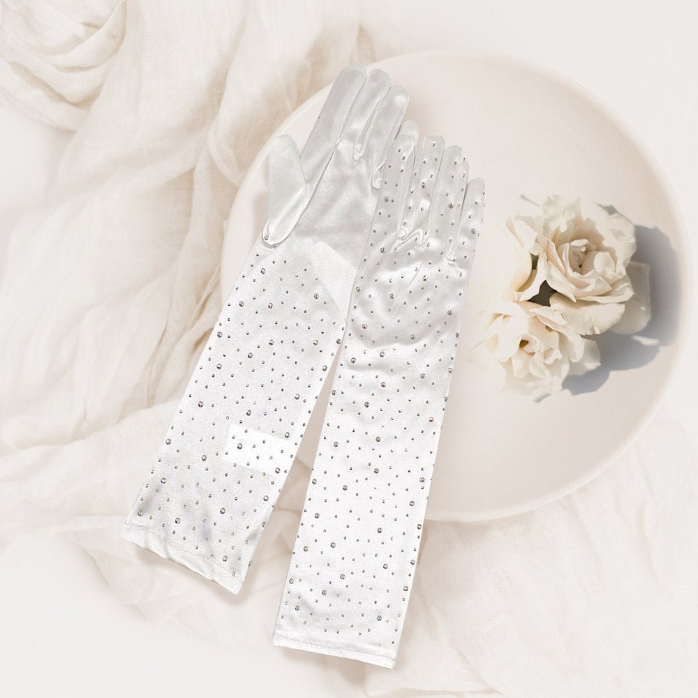 Stone Embellished Dressy Satin Long Wedding Gloves - Luzilly Bridal & Apparel