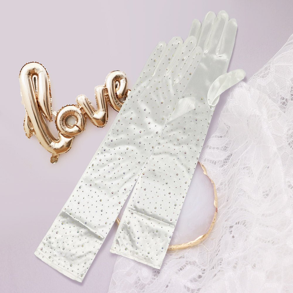Stone Embellished Dressy Satin Long Wedding Gloves - Luzilly Bridal & Apparel