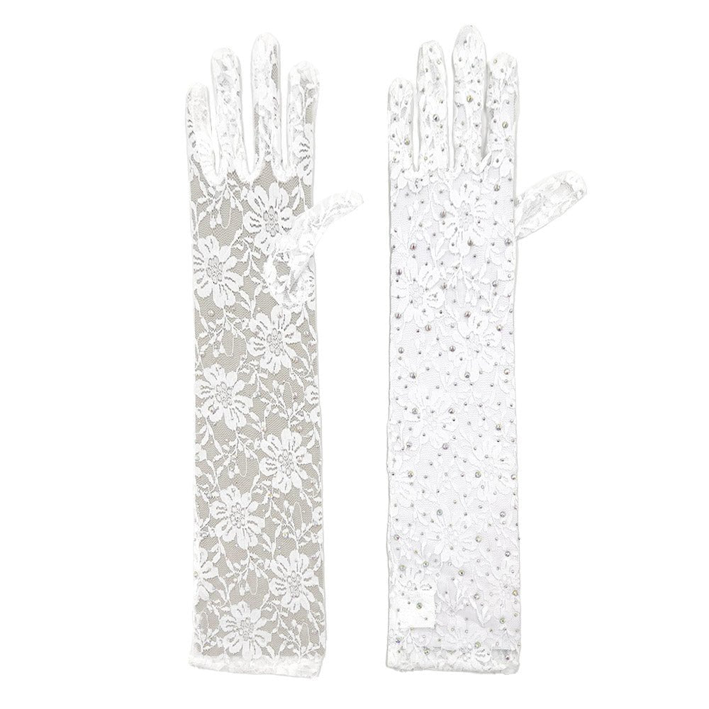 Stone Embellished Floral Lace Dressy Long Wedding Gloves - Luzilly Bridal & Apparel