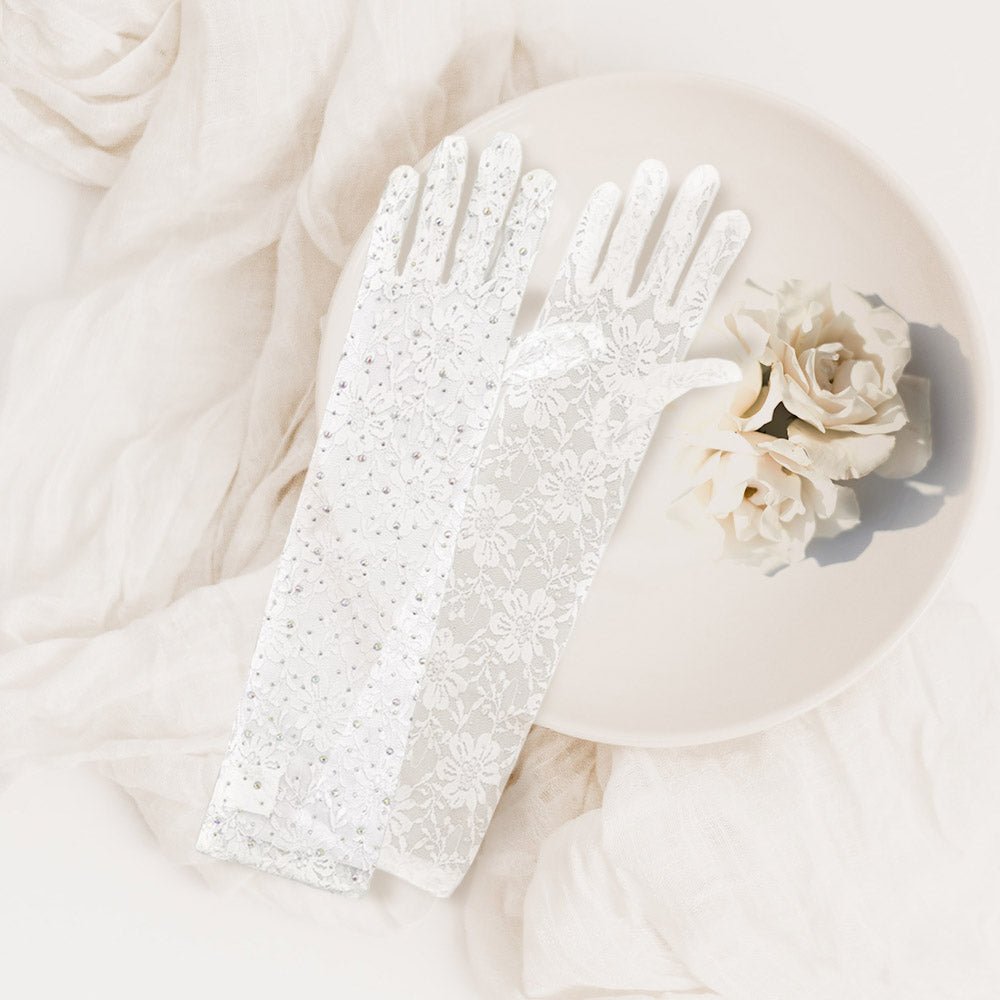 Stone Embellished Floral Lace Dressy Long Wedding Gloves - Luzilly Bridal & Apparel