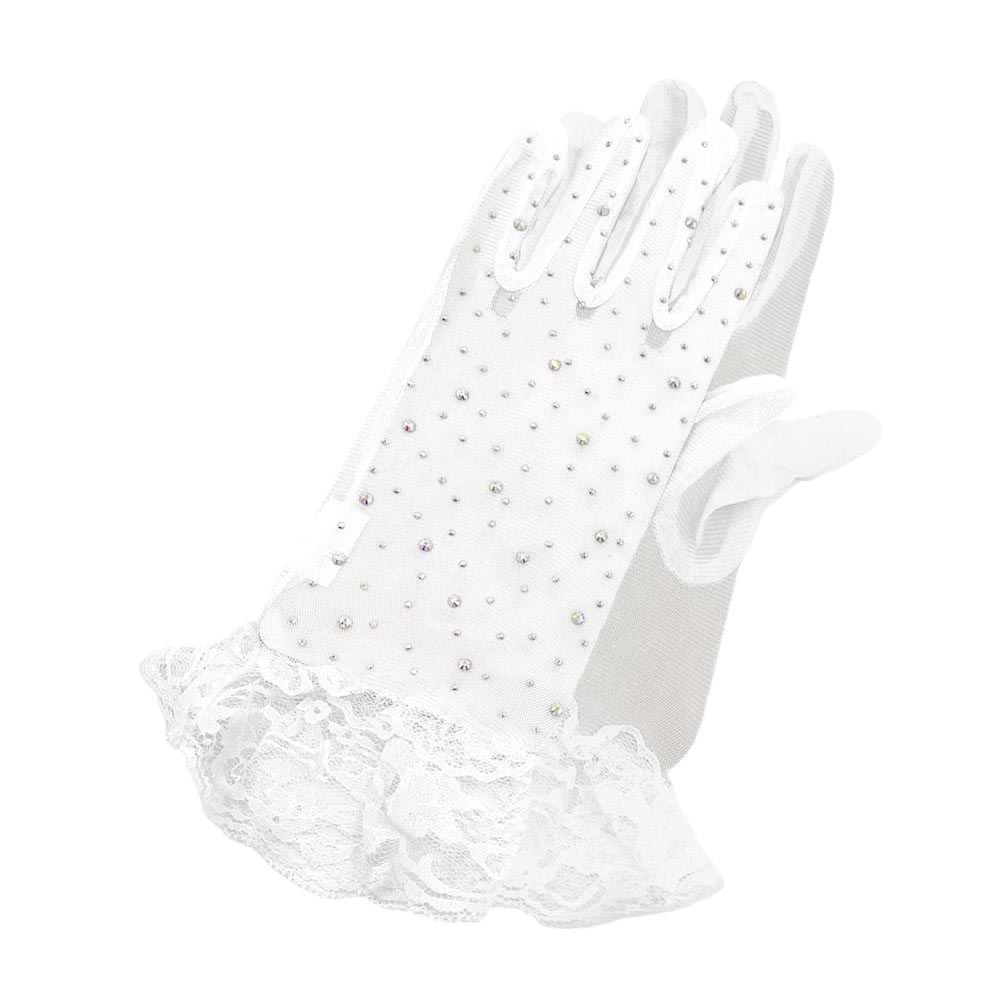 Stone Embellished Lace Cuff Mesh Dressy Wedding Gloves - Luzilly Bridal & Apparel