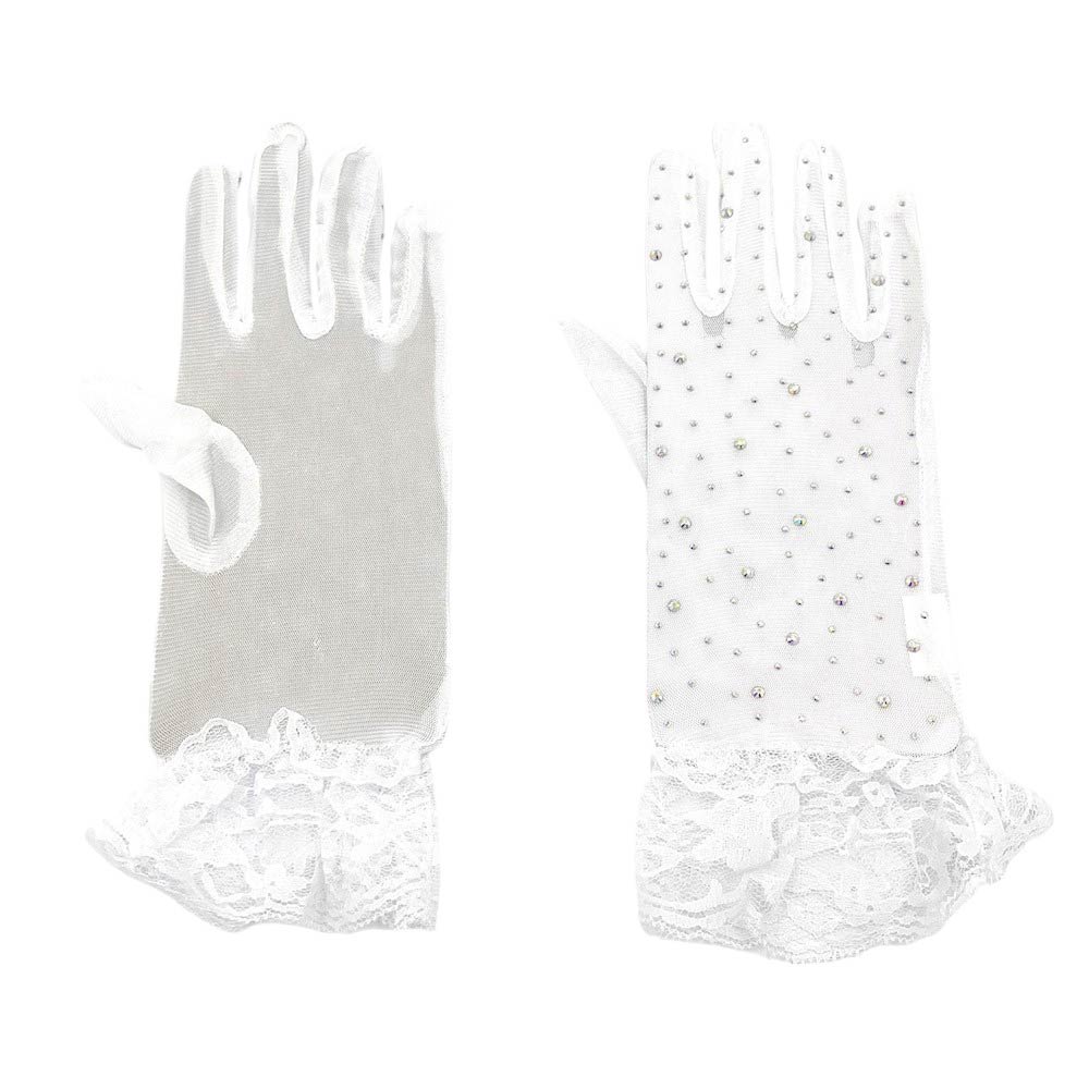 Stone Embellished Lace Cuff Mesh Dressy Wedding Gloves - Luzilly Bridal & Apparel
