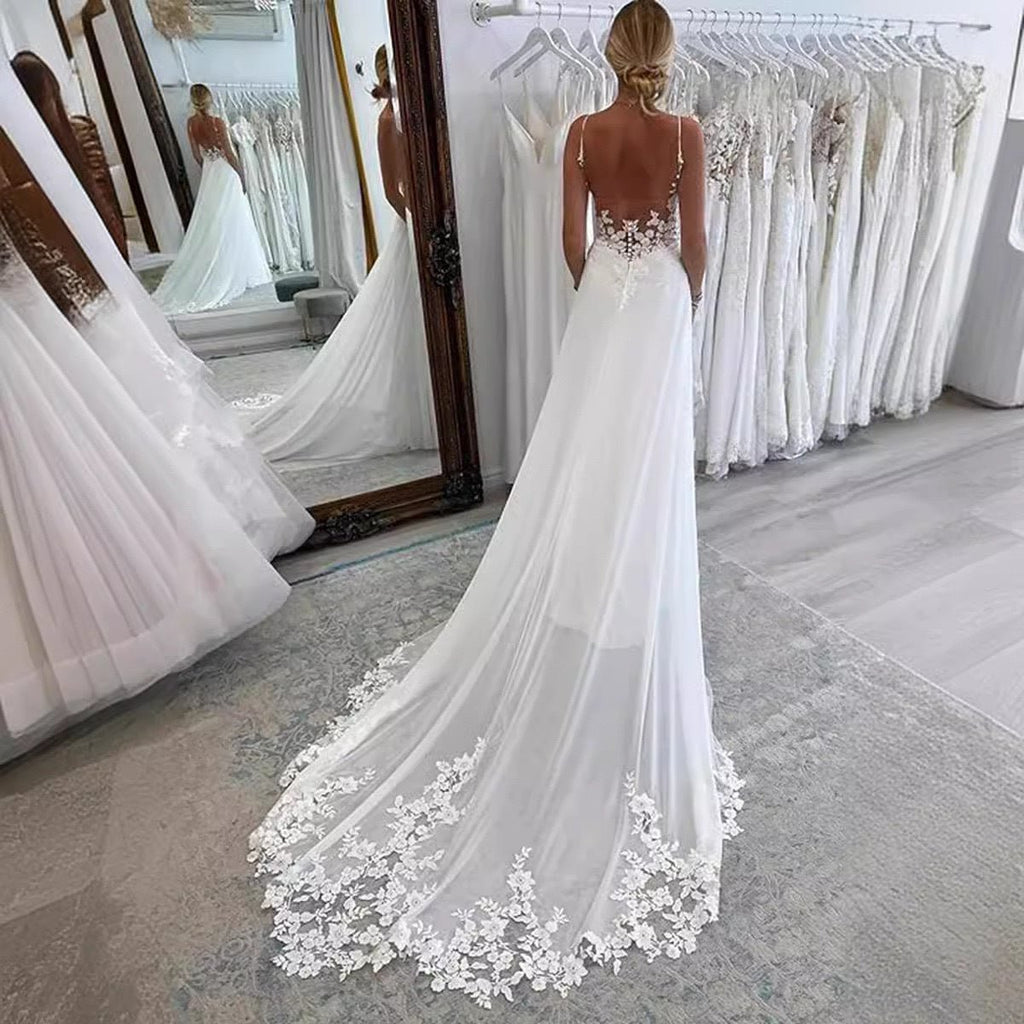Strap Fishtail Wedding Dress Bridal Slim Satin Lace Dress - Luzilly Bridal & Apparel