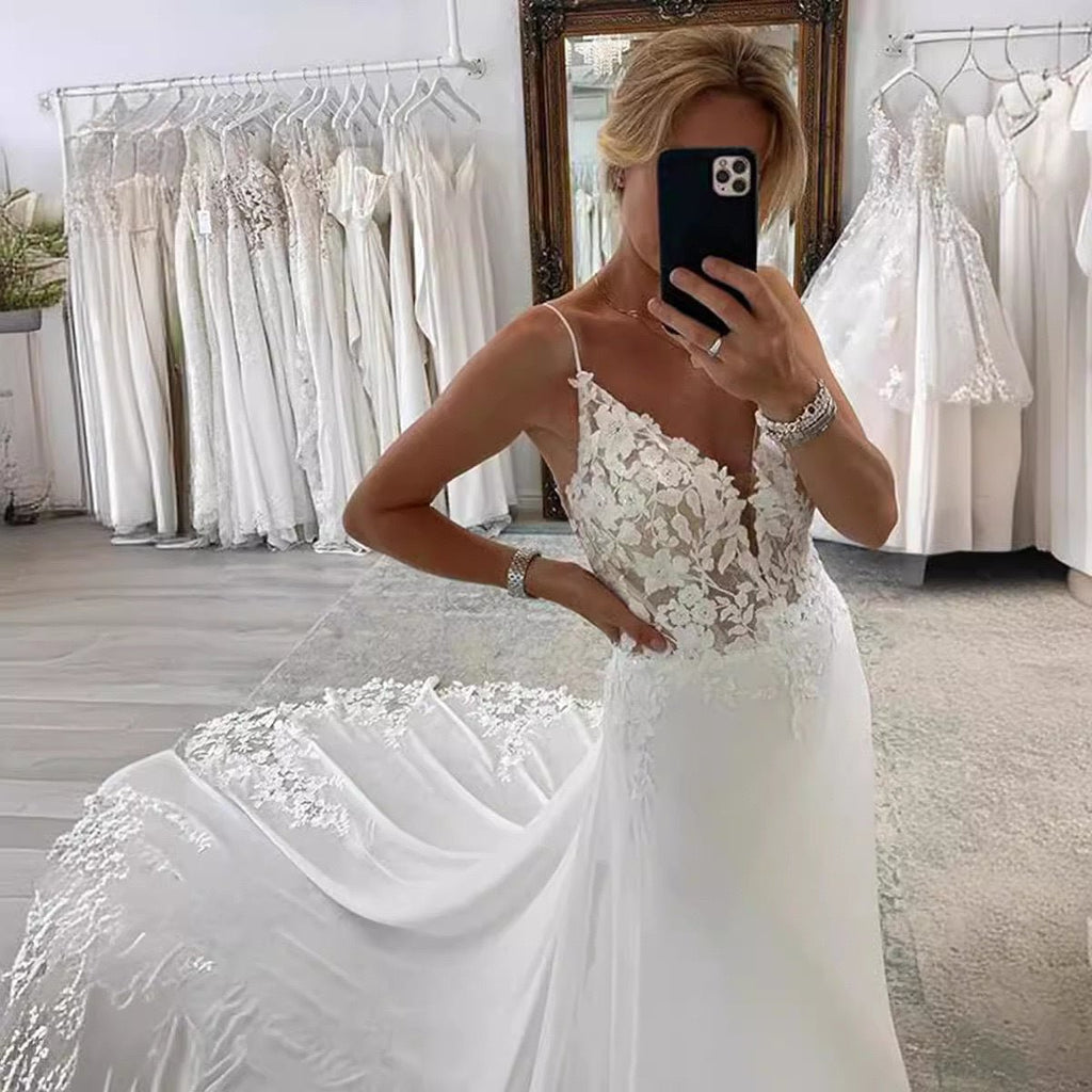 Strap Fishtail Wedding Dress Bridal Slim Satin Lace Dress - Luzilly Bridal & Apparel