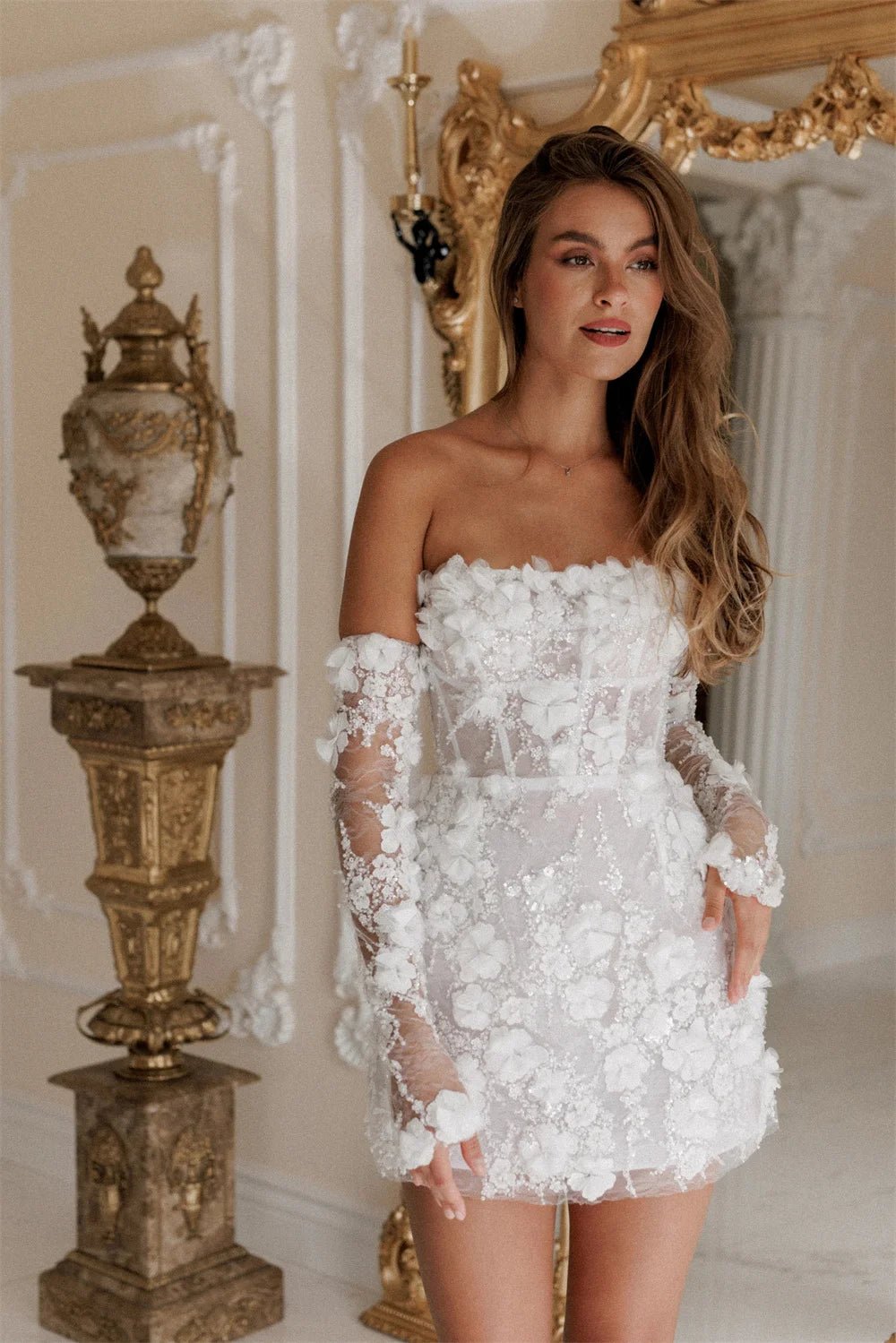 Strapless 3D Floral Mini Wedding Dress with Detachable Sleeves - Luzilly Bridal & Apparel