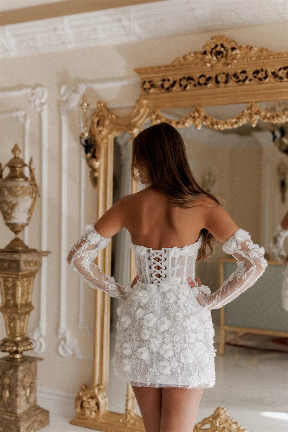 Strapless 3D Floral Mini Wedding Dress with Detachable Sleeves - Luzilly Bridal & Apparel