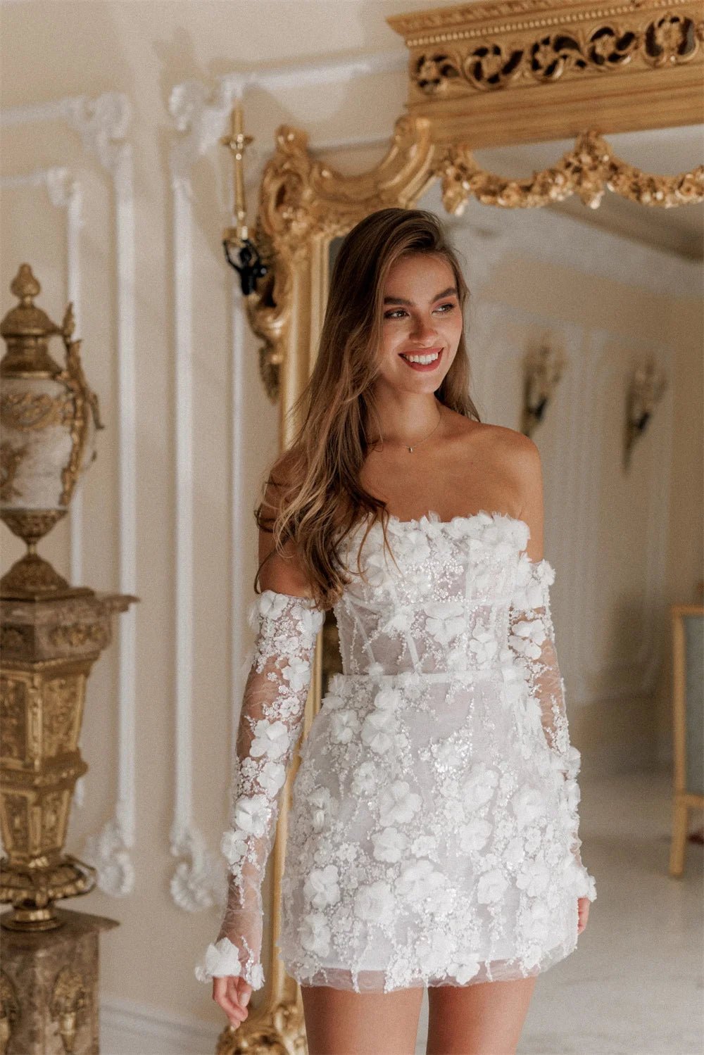 Strapless 3D Floral Mini Wedding Dress with Detachable Sleeves - Luzilly Bridal & Apparel