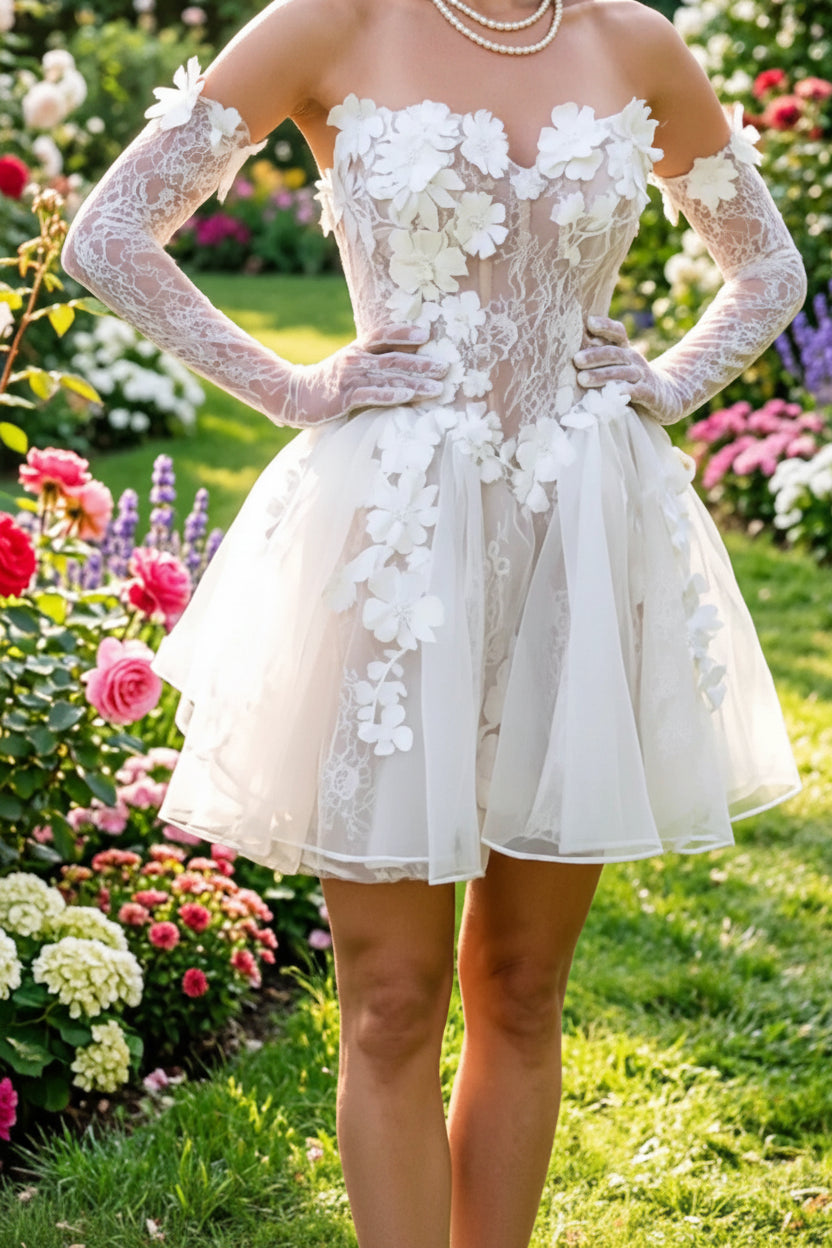 Strapless Applique Mini Wedding Dress - Luzilly Bridal & Apparel