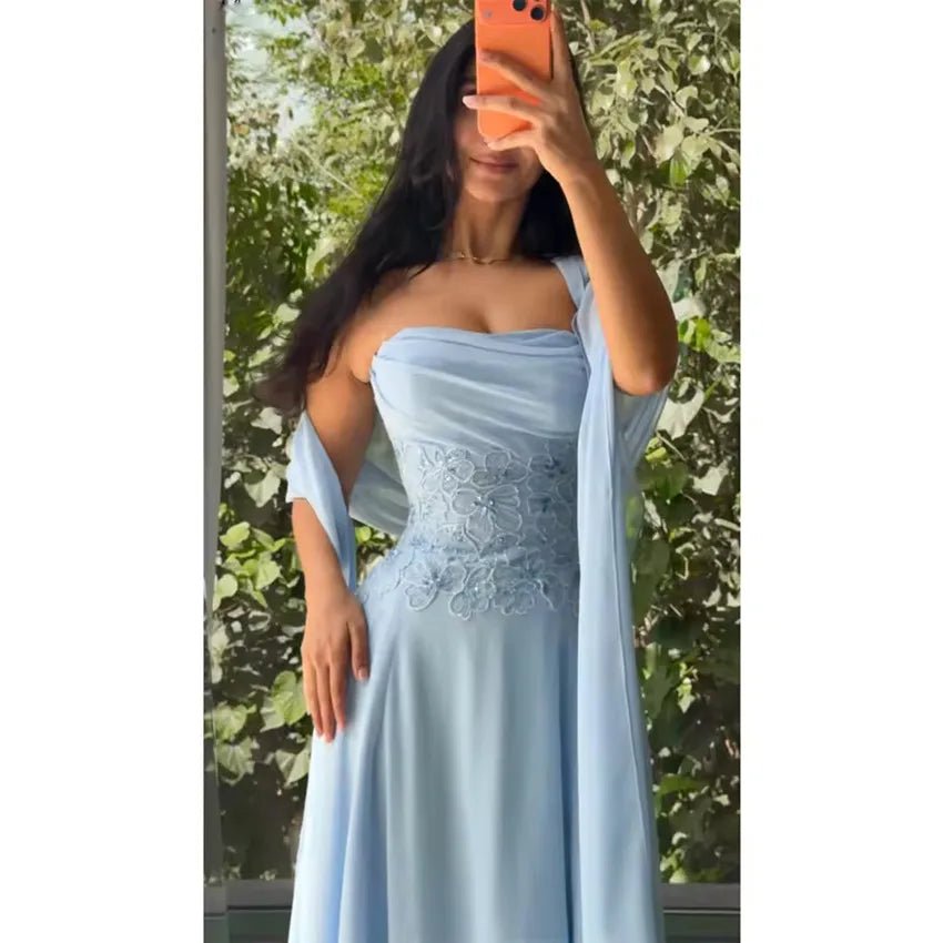 Strapless Beaded Appliqué A-Line Prom Dress with Shawl - Luzilly Bridal & Apparel