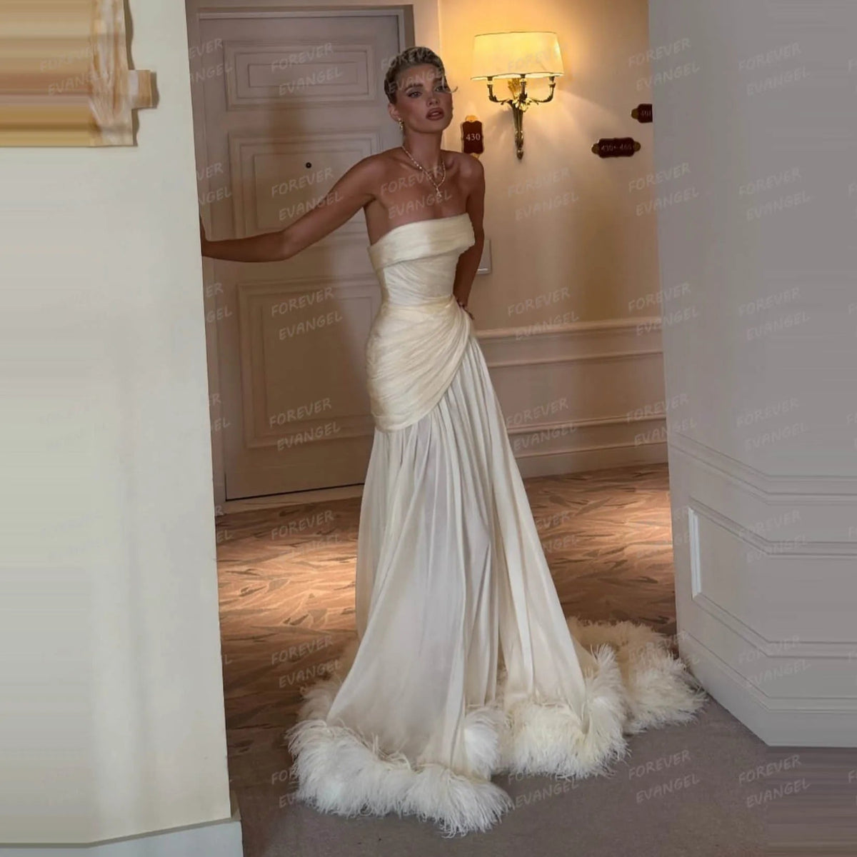 Strapless Feather Trim Chiffon Wedding Dress - Luzilly Bridal & Apparel