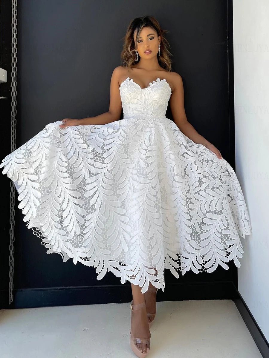 Strapless Lace A-Line Tea-Length Wedding Dress - Luzilly Bridal & Apparel