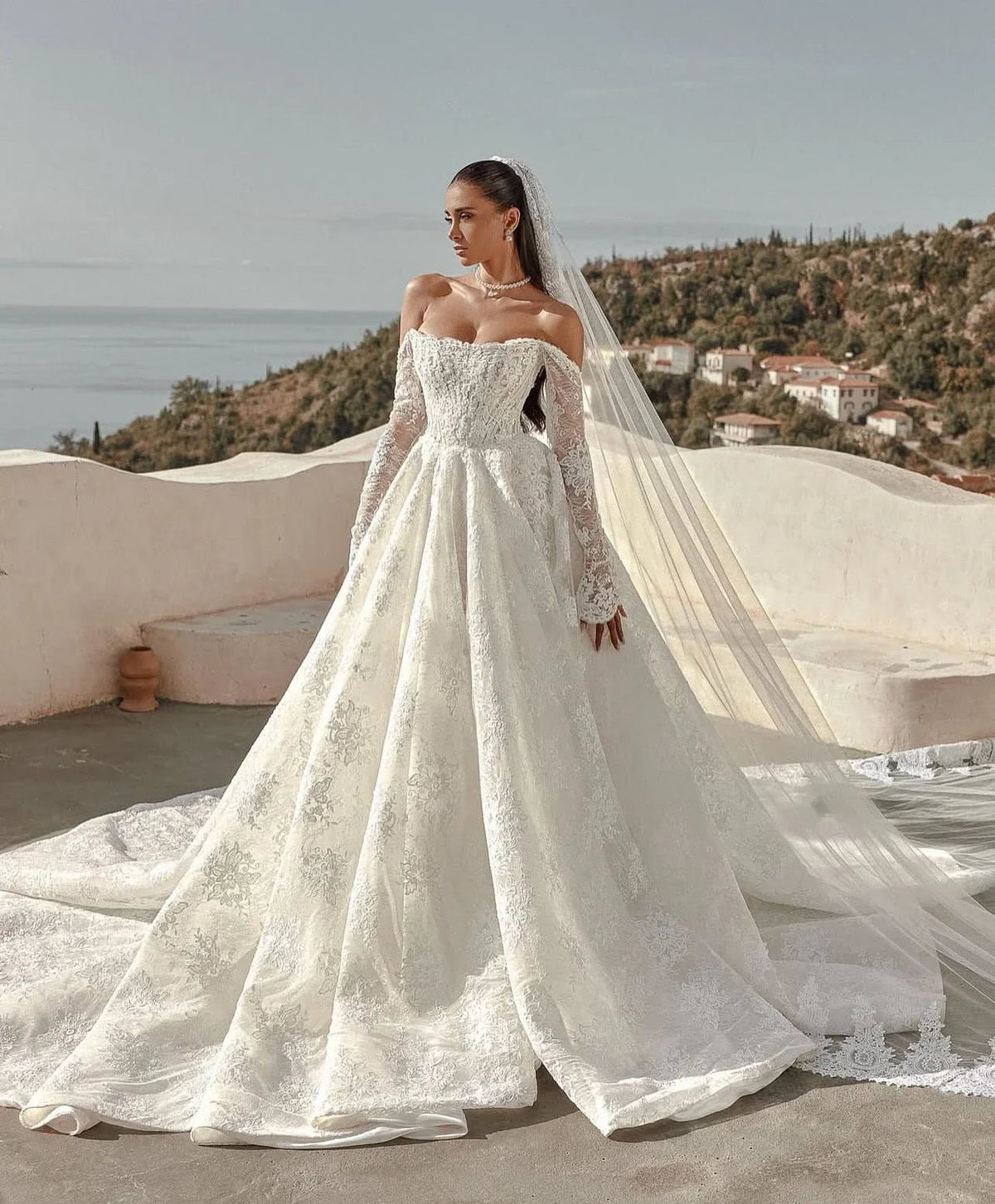 Strapless Off-Shoulder Long-Sleeve Lace Ball Gown Wedding Dress - Luzilly Bridal & Apparel