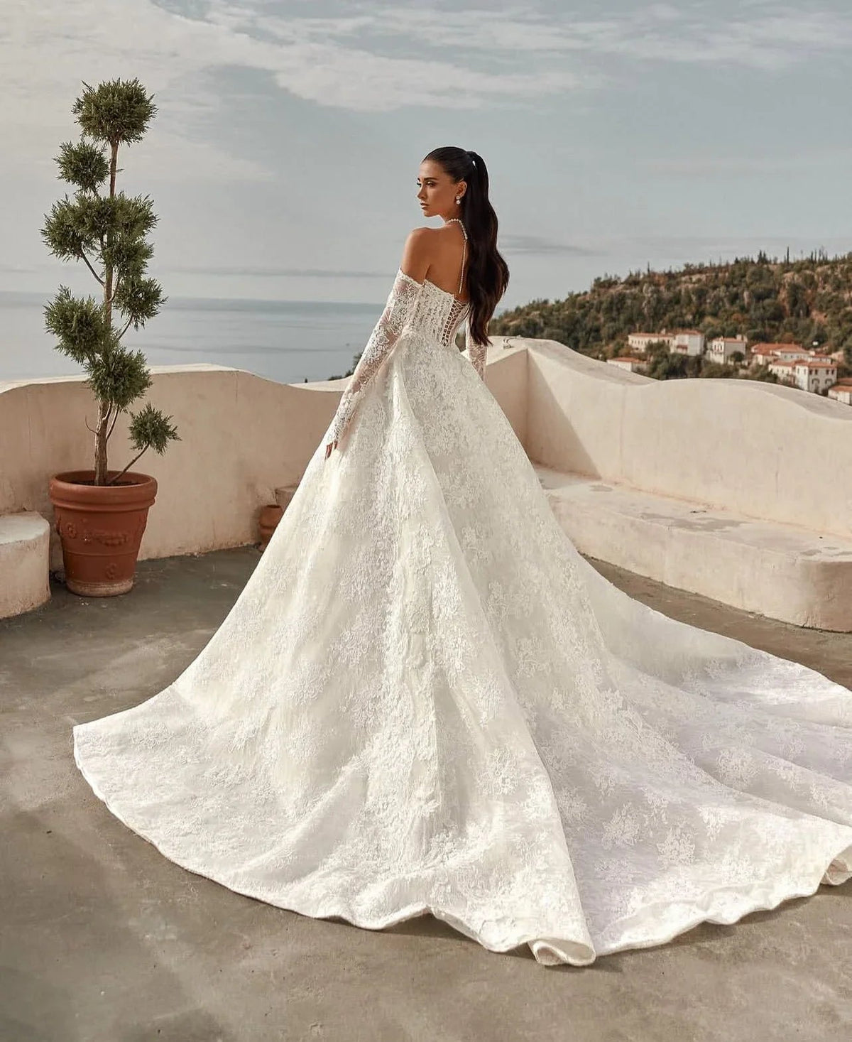 Strapless Off-Shoulder Long-Sleeve Lace Ball Gown Wedding Dress - Luzilly Bridal & Apparel
