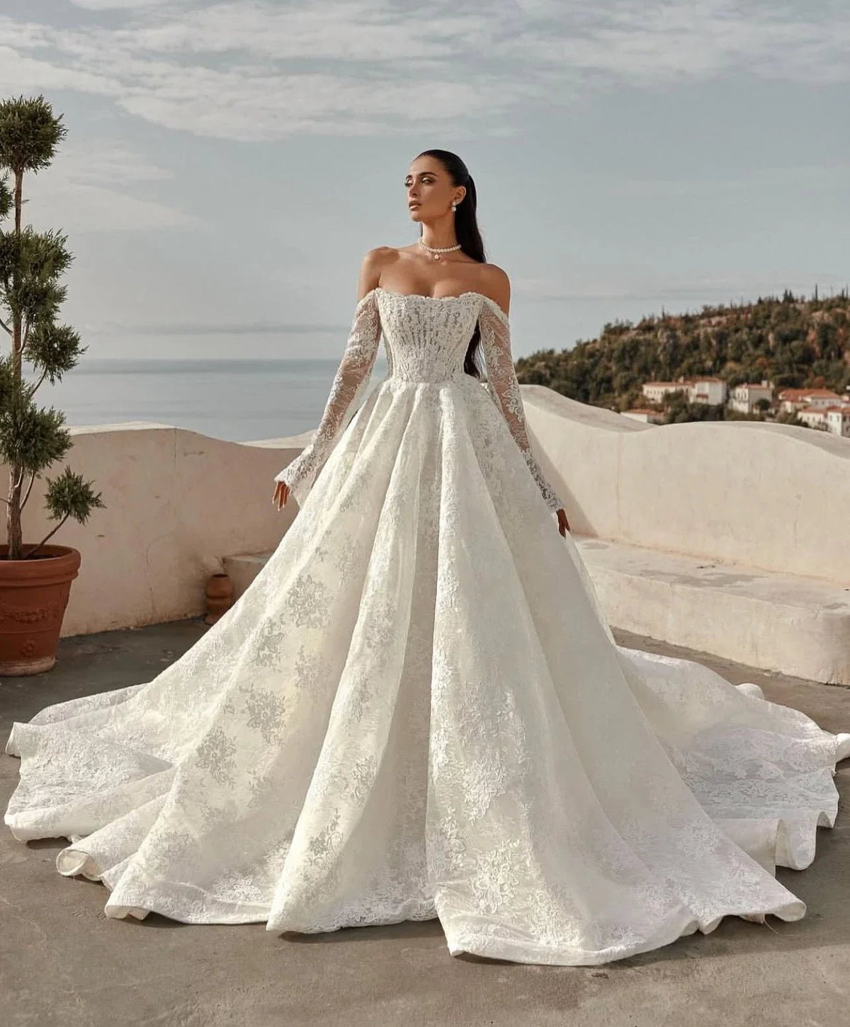 Strapless Off-Shoulder Long-Sleeve Lace Ball Gown Wedding Dress - Luzilly Bridal & Apparel