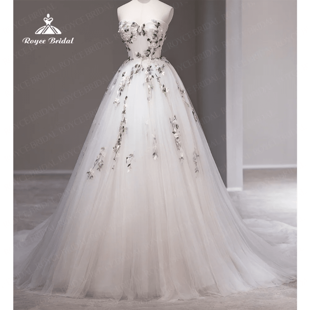 Strapless Organza A-Line Wedding Gown with Embroidery - Luzilly Bridal & Apparel