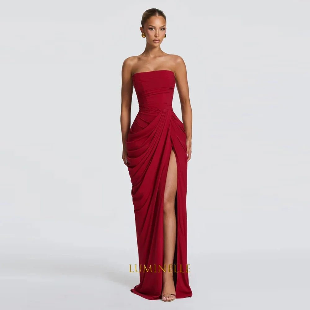 Strapless Ruched Chiffon Evening Dress with Slit - Luzilly Bridal & Apparel