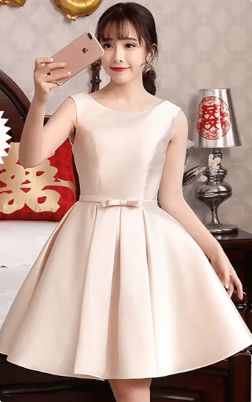 Strapless Satin A-Line Short Bridesmaid Dress with Bow Sash - Luzilly Bridal & Apparel