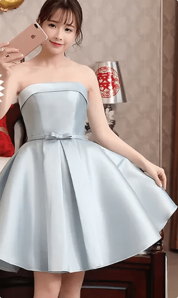 Strapless Satin A-Line Short Bridesmaid Dress with Bow Sash - Luzilly Bridal & Apparel