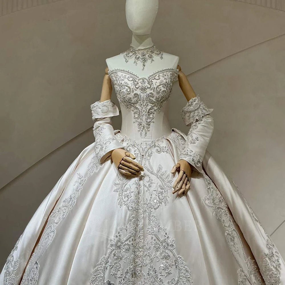 Strapless Satin Lace Ball Gown Wedding Dress - Luzilly Bridal & Apparel