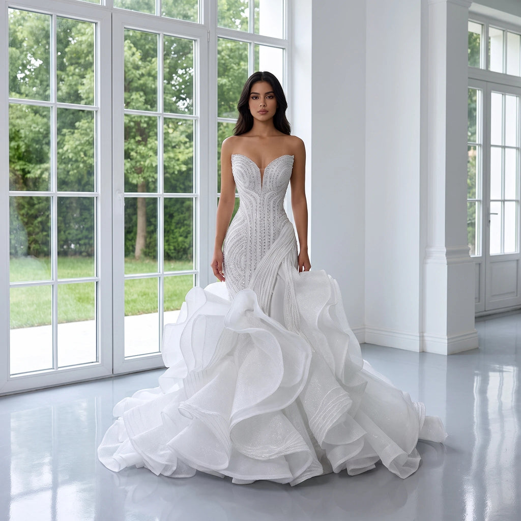Strapless Sequin Lace Mermaid Wedding Gown - Luzilly Bridal & Apparel