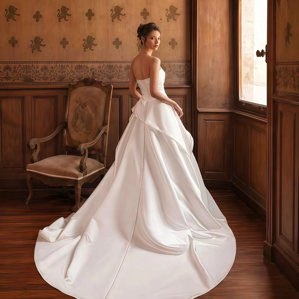 Strapless Sweetheart Satin A-Line Wedding Gown with Ruffle Skirt - Luzilly Bridal & Apparel