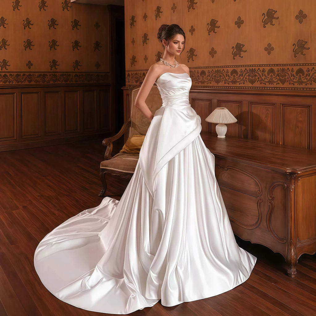 Strapless Sweetheart Satin A-Line Wedding Gown with Ruffle Skirt - Luzilly Bridal & Apparel