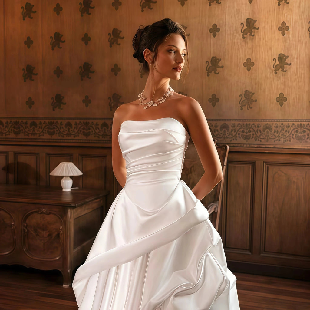 Strapless Sweetheart Satin A-Line Wedding Gown with Ruffle Skirt - Luzilly Bridal & Apparel