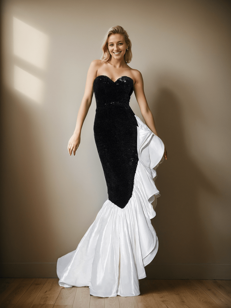 Stunning Strapless Sequin Mermaid Dress with Ruffled Organza - Luzilly Bridal & Apparel