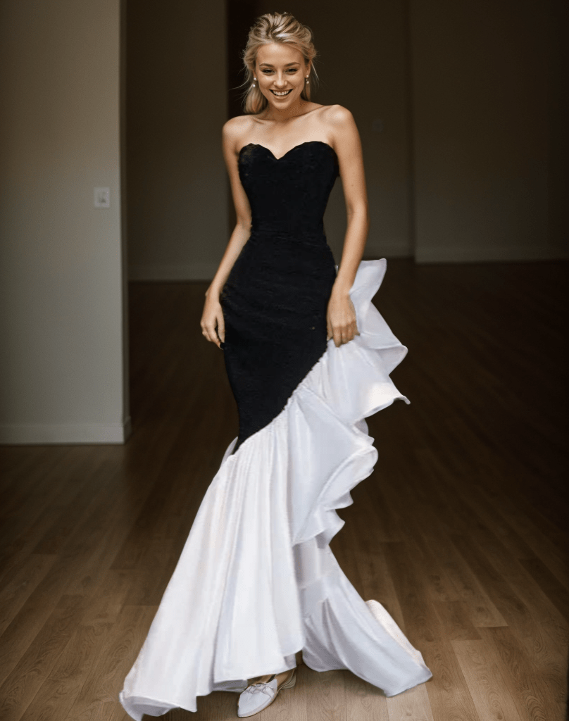 Stunning Strapless Sequin Mermaid Dress with Ruffled Organza - Luzilly Bridal & Apparel