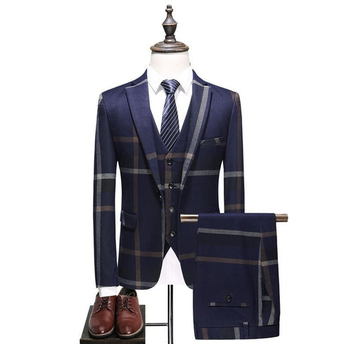 Suit Set Men's Casual Suit Three Piece Set Korean Fit Large Checked Groom Dress Set - Luzilly Bridal & Apparel