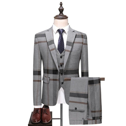 Suit Set Men's Casual Suit Three Piece Set Korean Fit Large Checked Groom Dress Set - Luzilly Bridal & Apparel