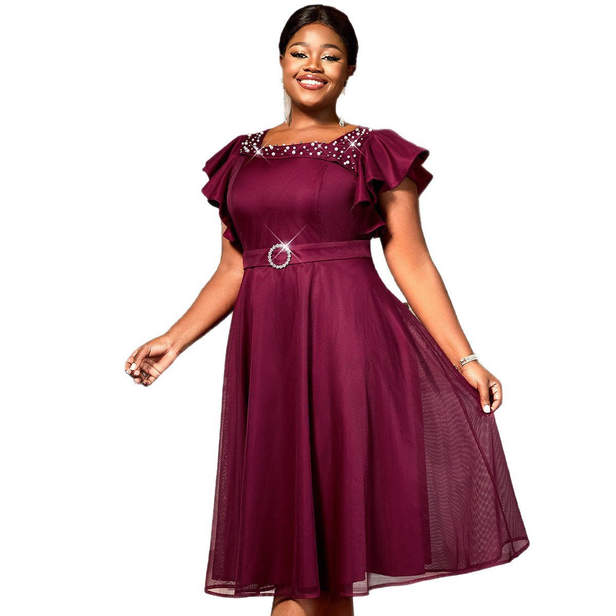 Summer Mesh Butterfly Sleeve Ruffles Party Wedding Guest Elegant Dress - Luzilly Bridal & Apparel