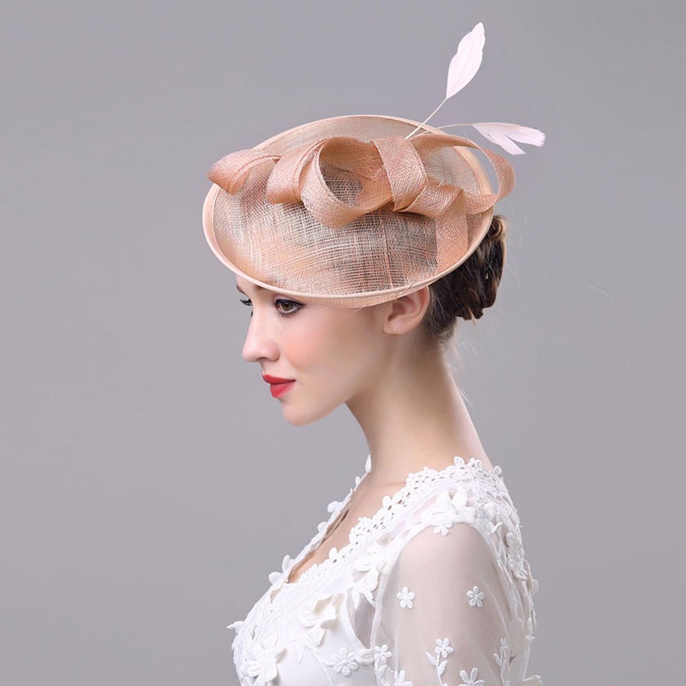 Summer Outdoor Ladies Hat Western-Style Linen Banquet Bridal Hat Bow Feather Headdress - Luzilly Bridal & Apparel