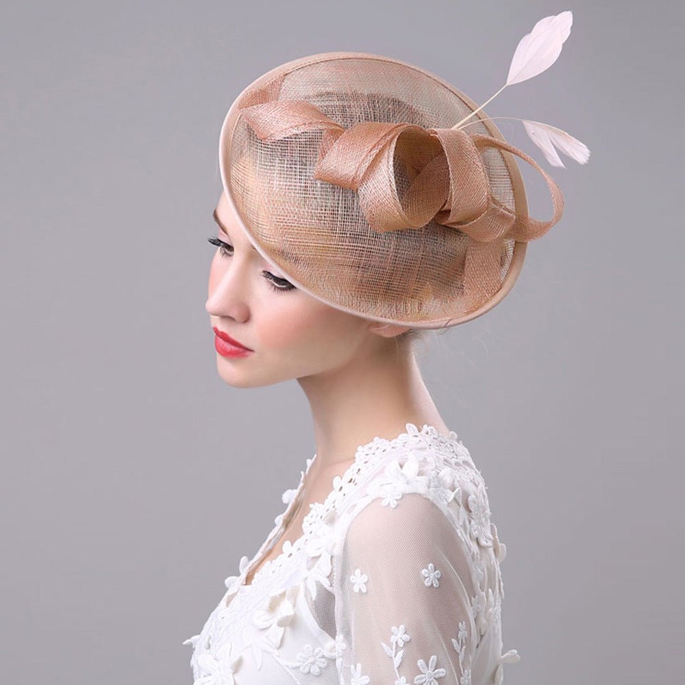 Summer Outdoor Ladies Hat Western-Style Linen Banquet Bridal Hat Bow Feather Headdress - Luzilly Bridal & Apparel