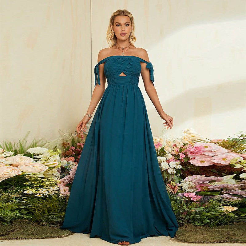 Summer Women Elegant off Shoulder Belt Bow Slimming Evening Dress Niche Bridesmaid Dress - Luzilly Bridal & Apparel