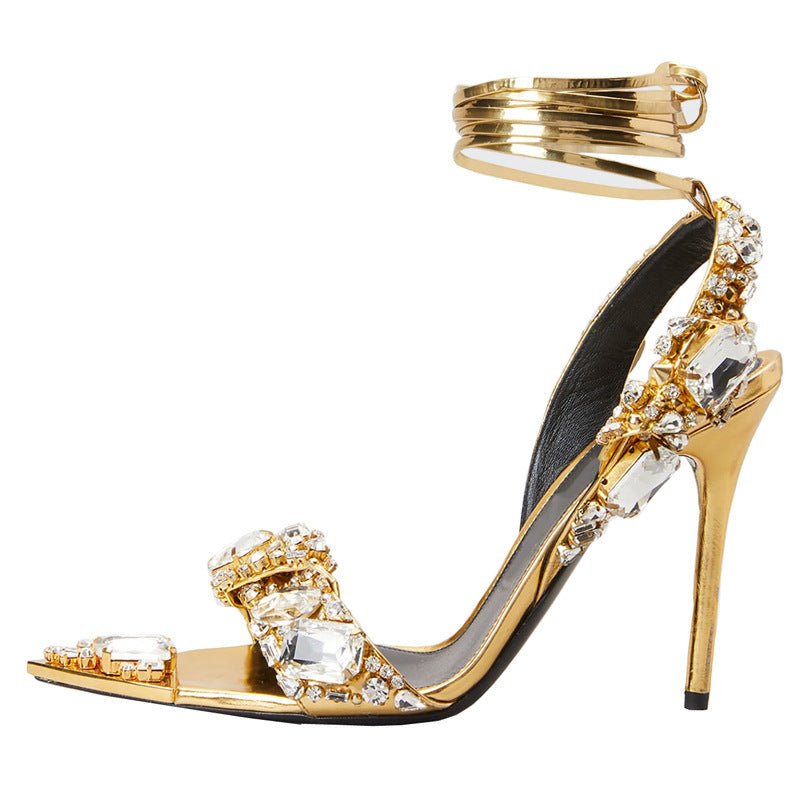 Super High Heel Pointed Rhinestone Fashion Banquet Catwalk Sandals Roman Lace-Up Evening Dress Bridal Stiletto Women's Shoes - Luzilly Bridal & Apparel