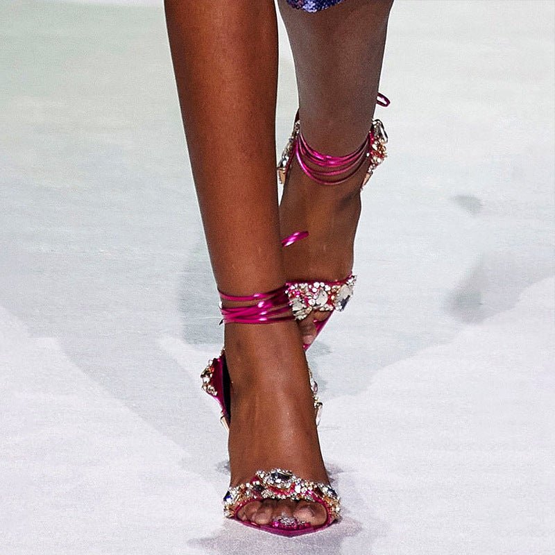 Super High Heel Pointed Rhinestone Fashion Banquet Catwalk Sandals Roman Lace-Up Evening Dress Bridal Stiletto Women's Shoes - Luzilly Bridal & Apparel