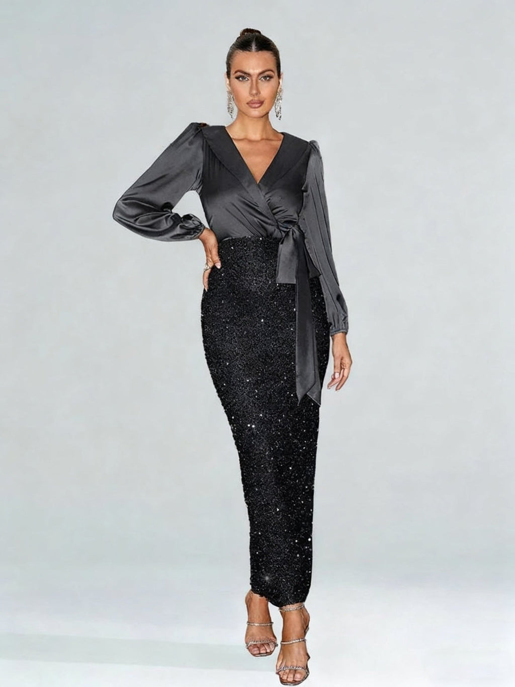 Sequin Surplice-Neck Evening Dress with Side Split - Luzilly Bridal & Apparel