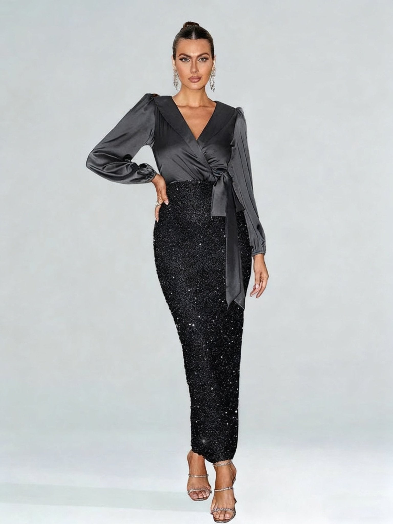 Sequin Surplice-Neck Evening Dress with Side Split - Luzilly Bridal & Apparel