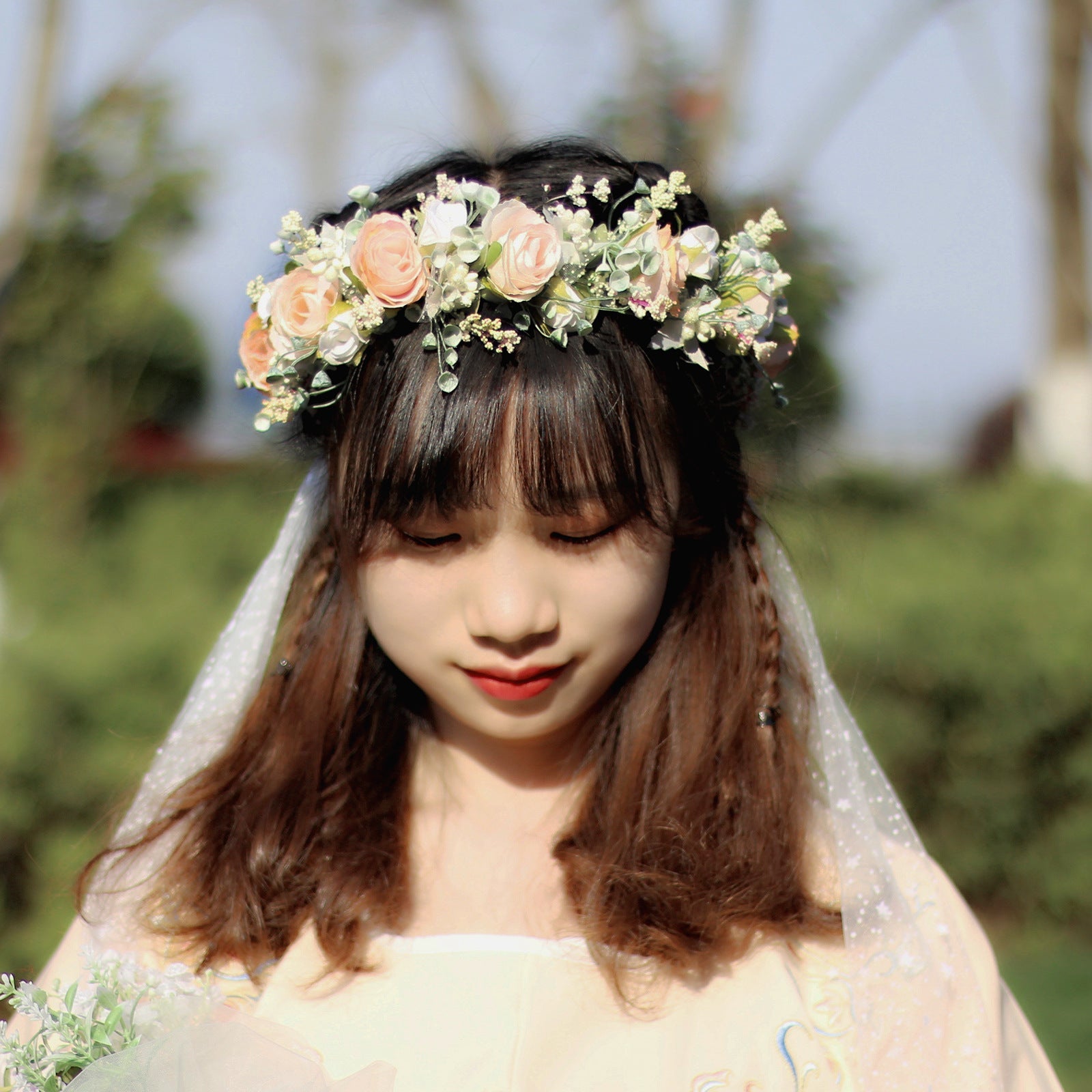 Sweet flower garland rose bud draped in gauze flower crown with exquisite handmade flowers bridal headwear - Luzilly Bridal & Apparel
