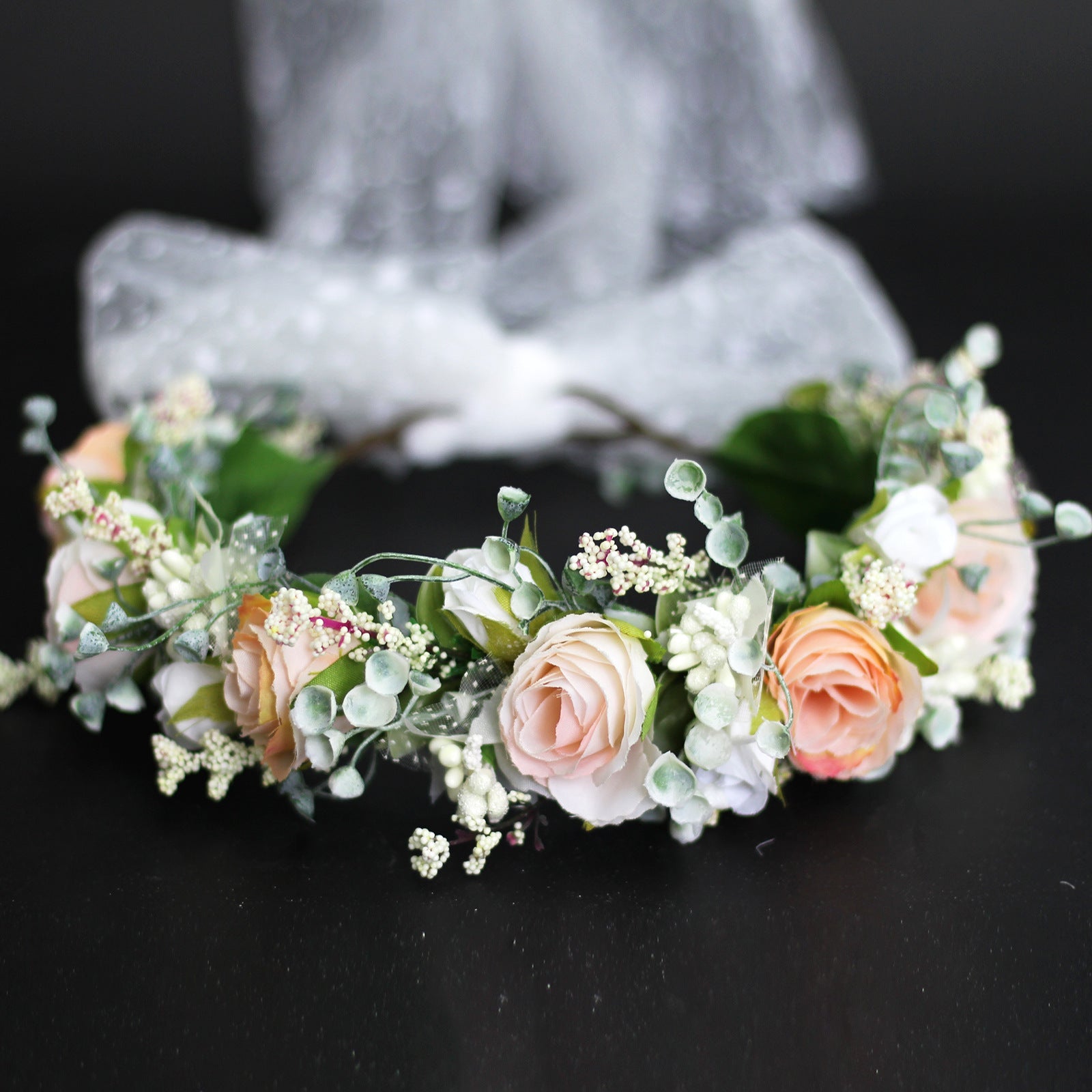 Sweet flower garland rose bud draped in gauze flower crown with exquisite handmade flowers bridal headwear - Luzilly Bridal & Apparel