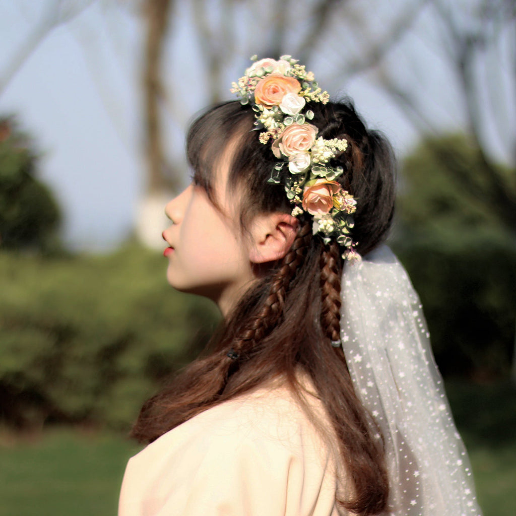 Sweet flower garland rose bud draped in gauze flower crown with exquisite handmade flowers bridal headwear - Luzilly Bridal & Apparel