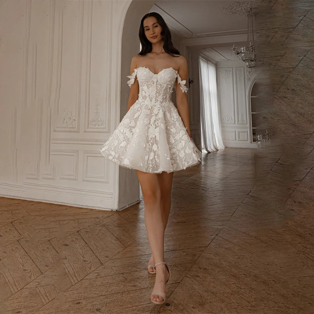 Sweetheart 3D Floral Lace Short A-Line Wedding Dress - Luzilly Bridal & Apparel