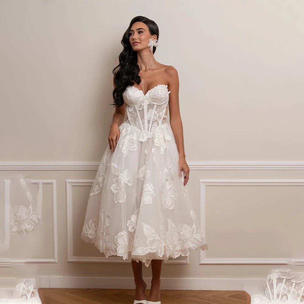 Sweetheart Corset Tea-Length Wedding Dress with 3D Floral Lace - Luzilly Bridal & Apparel