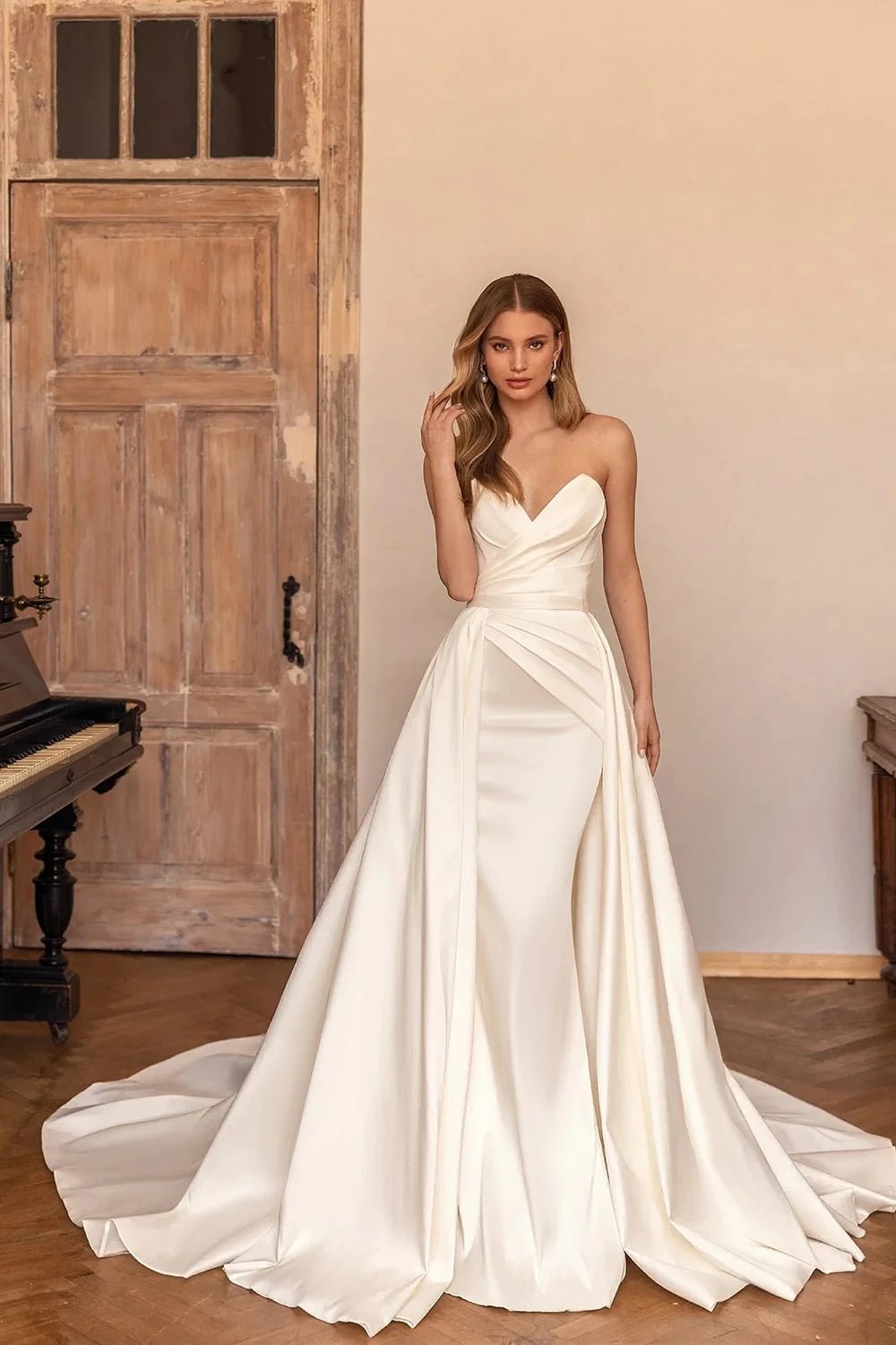 Sweetheart Mermaid Satin Wedding Dress with Detachable Skirt - Luzilly Bridal & Apparel